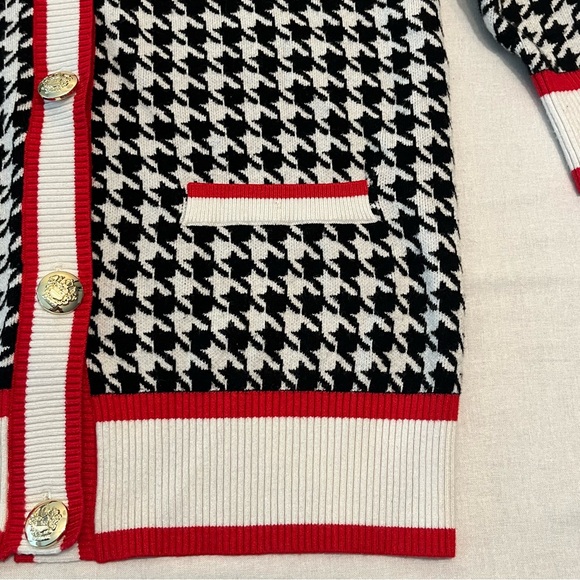 VENUS Houndstooth Black & White Red Trim Oversized Sweater Retro Cardigan size M - Picture 4 of 7